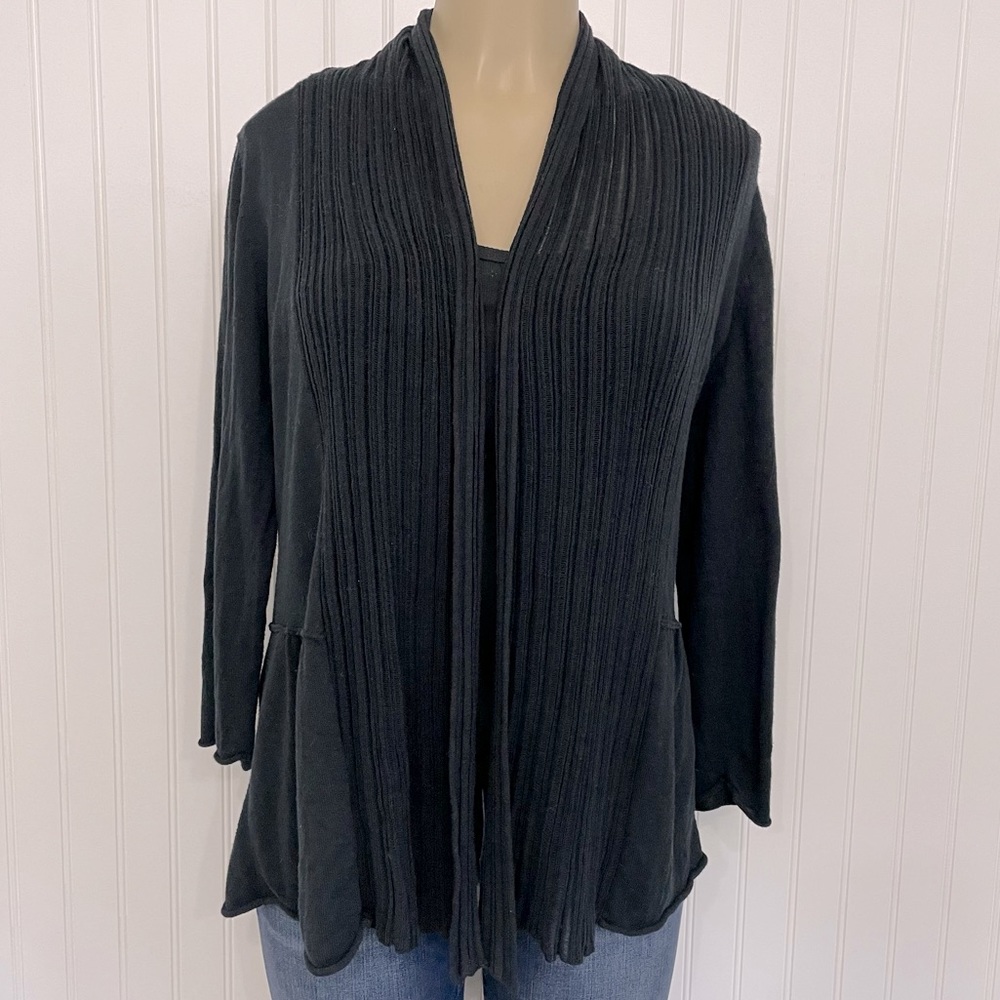 Isda & Co Black Open Cardigan with Sheer Striped Border Knit Cotton Blend Small